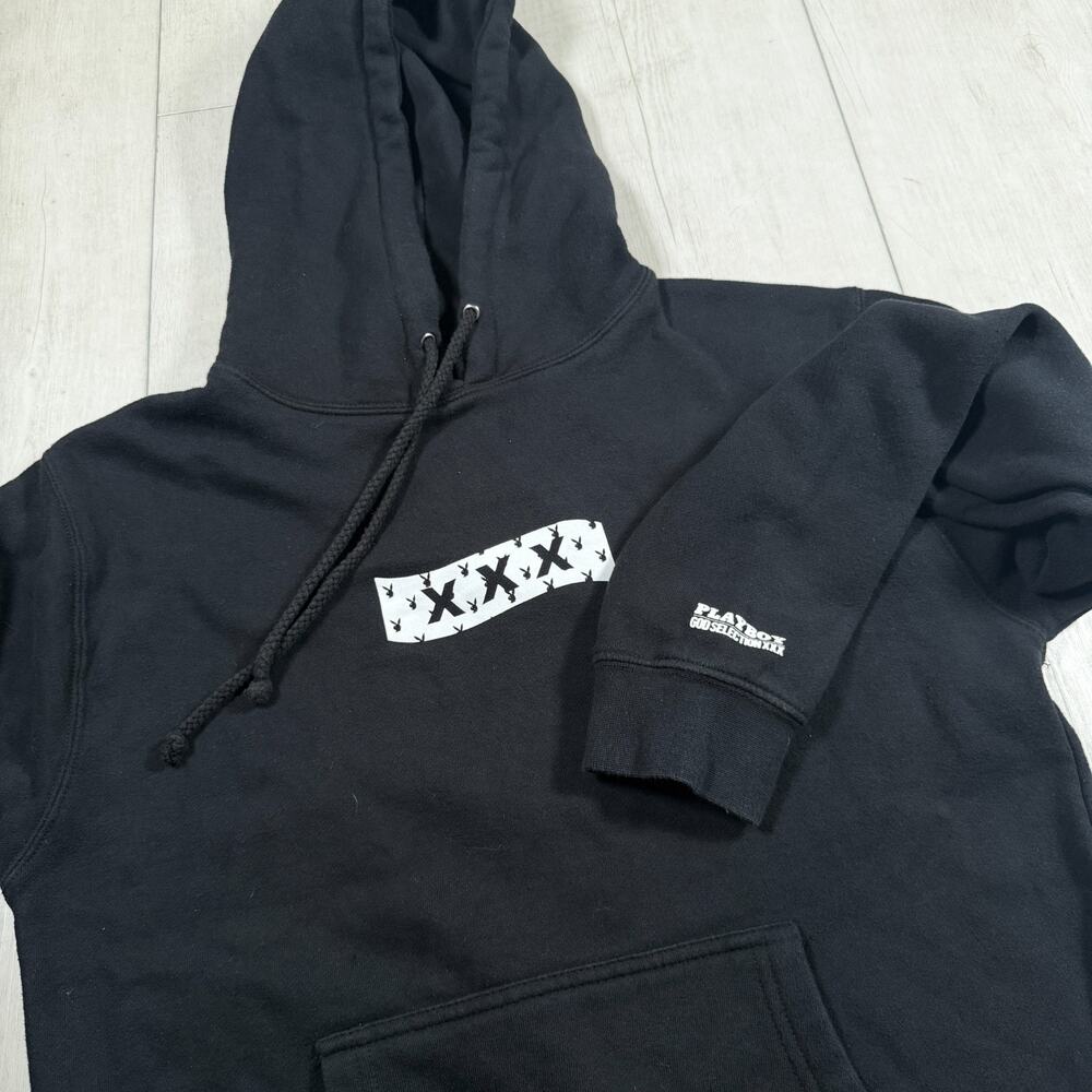 Playboy × God Selection XXX Cotton Pullover Hoodie Men's Small Black Sweater